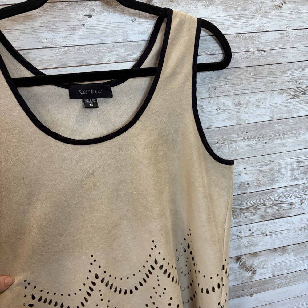 Karen Kane Womens M Tank Top Shell Faux Suede Baja Riviera Beige Laser Cut USA